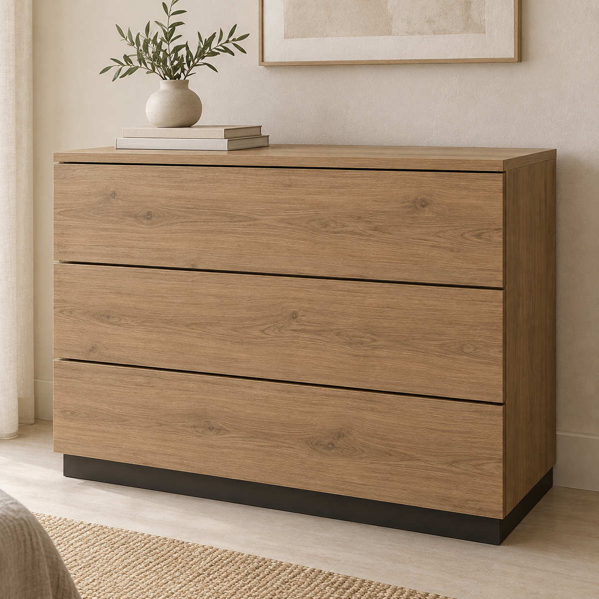AI design concept: Oak-Look Low Plinth Chest, engineered-panel chest of drawers