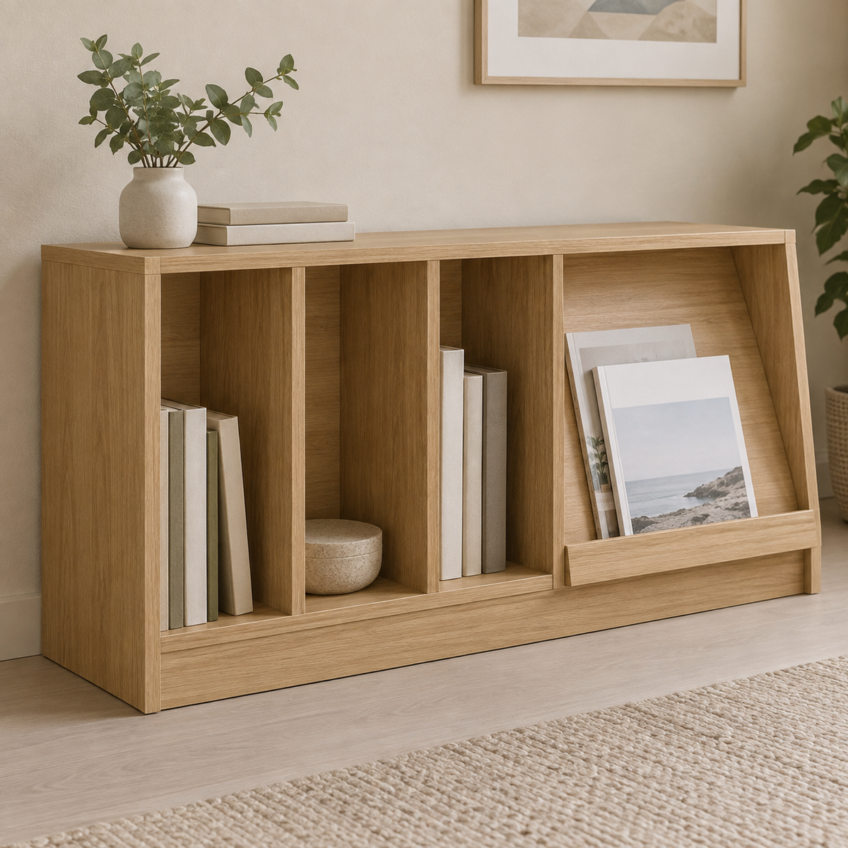 AI design concept: Oak-Look Magazine Library, engineered-panel bookcase