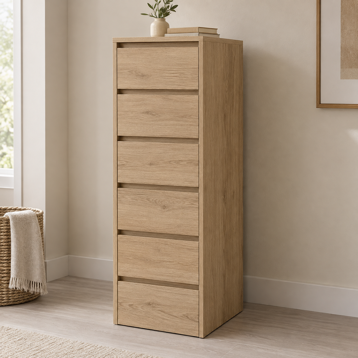 AI design concept: Oak-Look Narrow Drawer Tower, engineered-panel chest of drawers