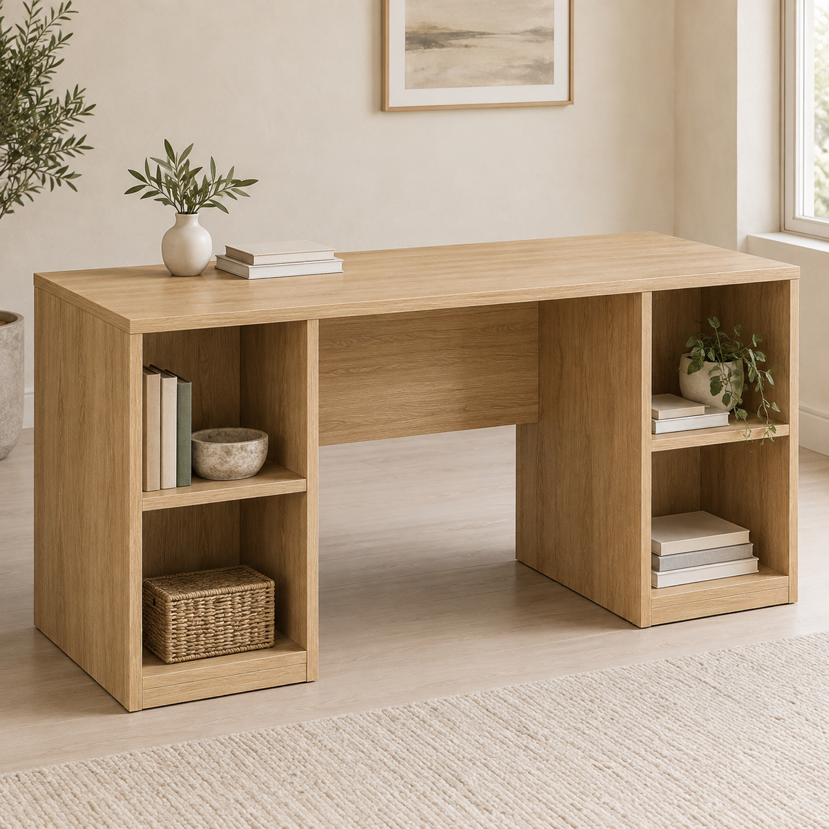 AI design concept: Oak-Look Open-Pedestal Desk, engineered-panel desk