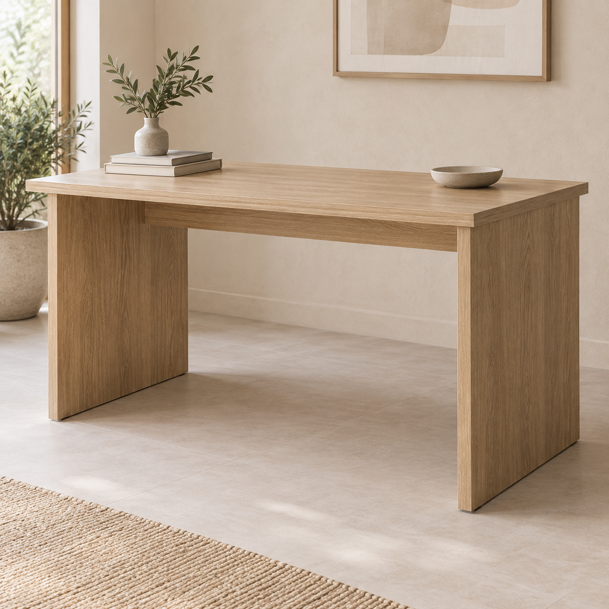 AI design concept: Oak-Look Trestle-Panel Desk, engineered-panel desk
