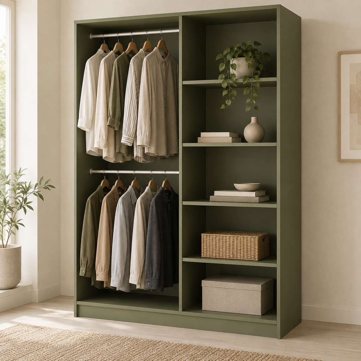 AI design concept: Olive Double-Hang Closet, engineered-panel wardrobe