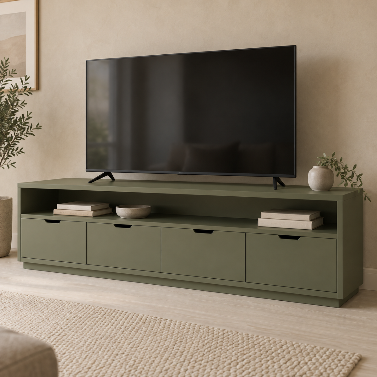 AI design concept: Olive Drawer Media Console, engineered-panel tv cabinet