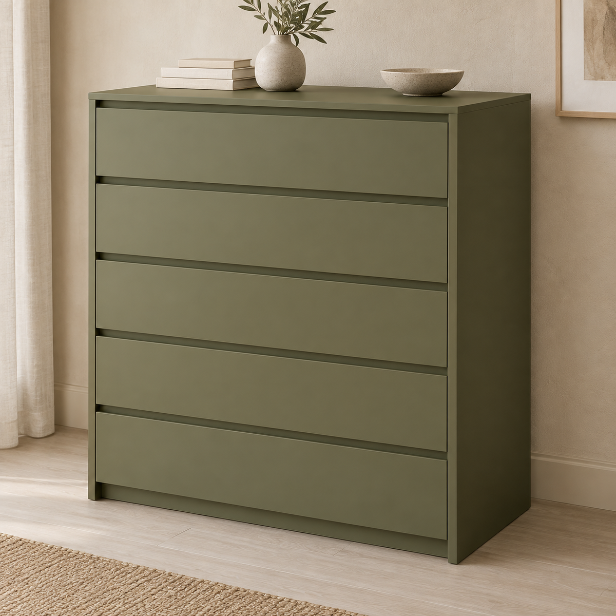 AI design concept: Olive Edge-Pull Chest, engineered-panel chest of drawers