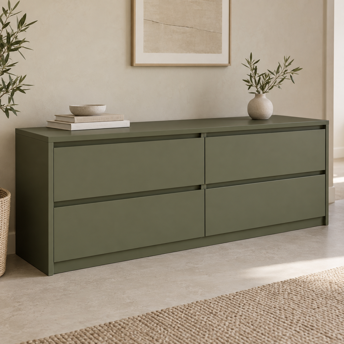 AI design concept: Olive Low Wide Chest, engineered-panel chest of drawers