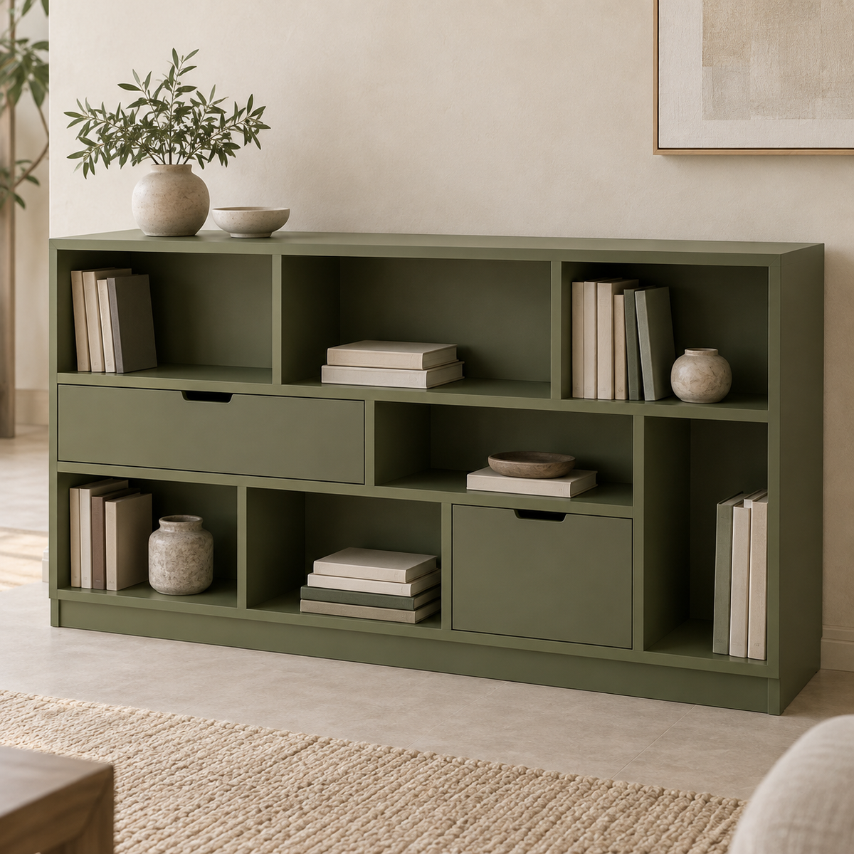 AI design concept: Olive Offset Library, engineered-panel bookcase