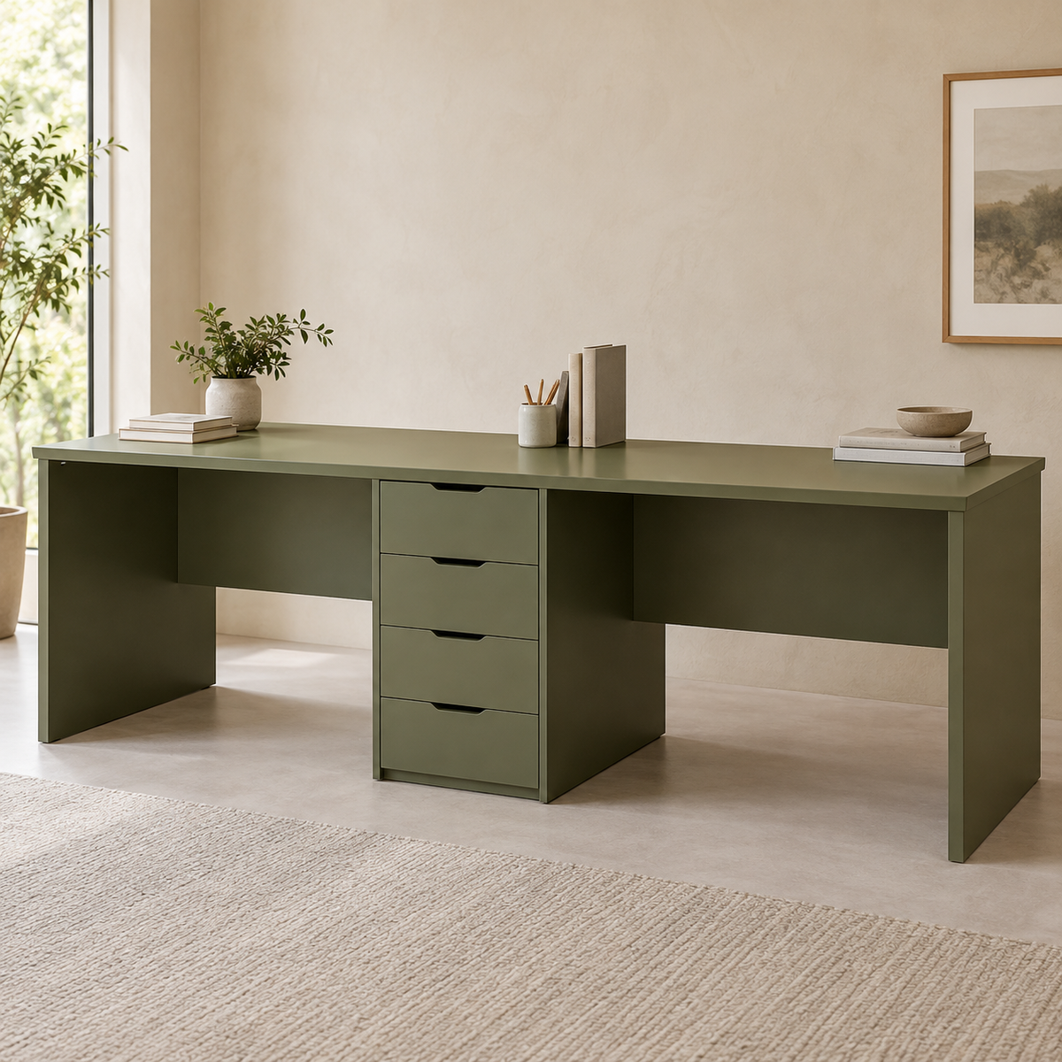 AI design concept: Olive Twin Workstation, engineered-panel desk