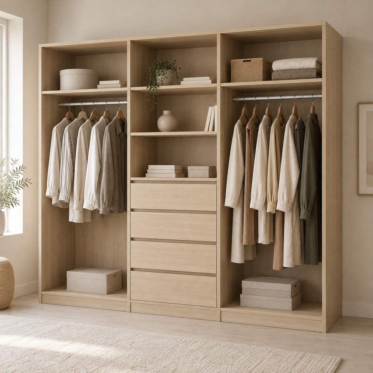 AI design concept: Pale Oak-Look Open Dressing Wall, engineered-panel wardrobe