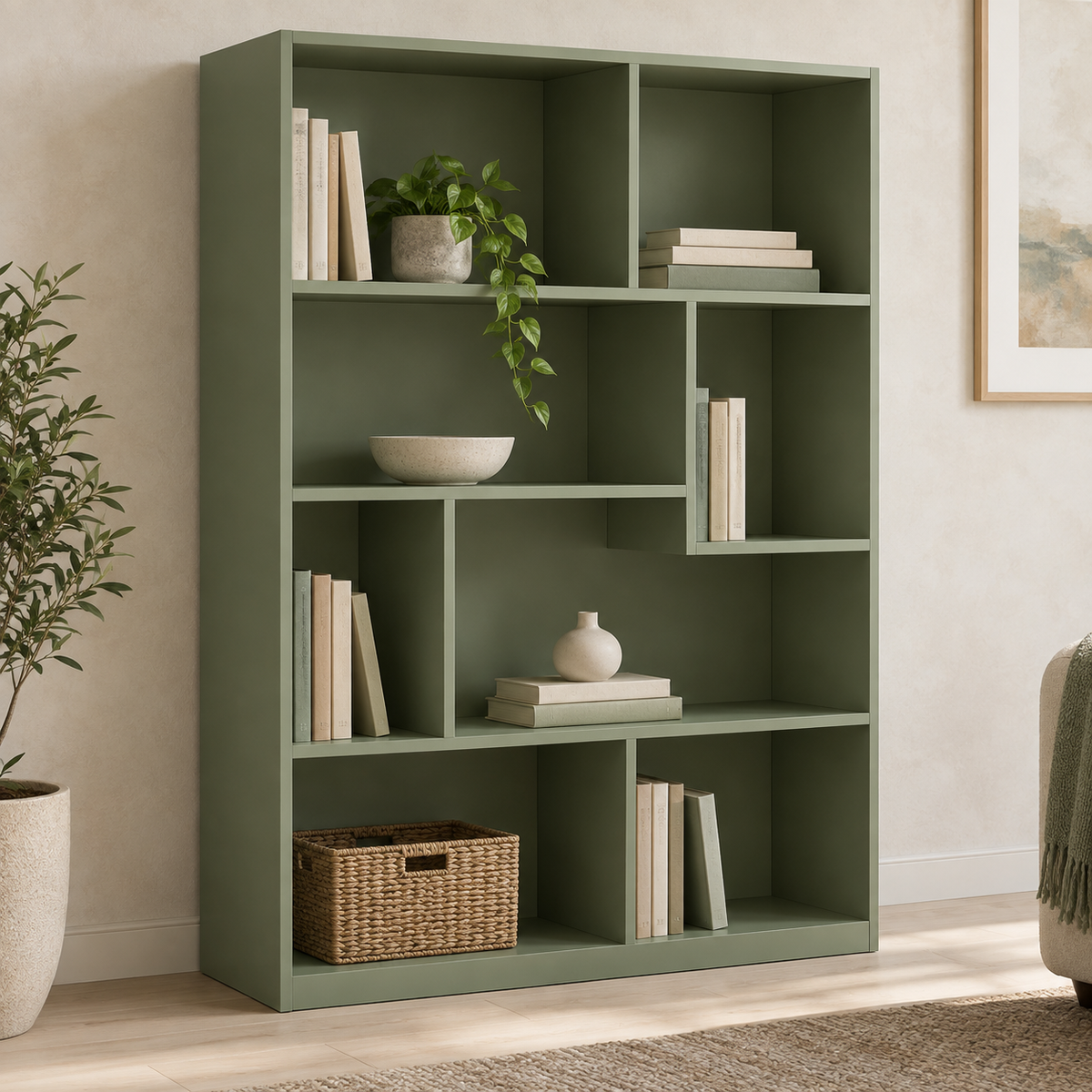 AI design concept: Sage Asymmetric Bookcase, engineered-panel bookcase
