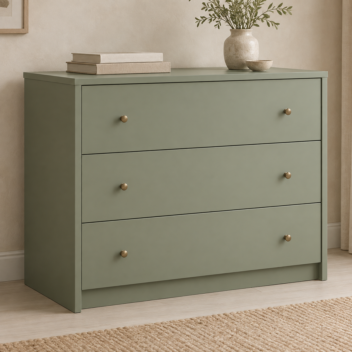 AI design concept: Sage Three-Drawer Chest, engineered-panel chest of drawers