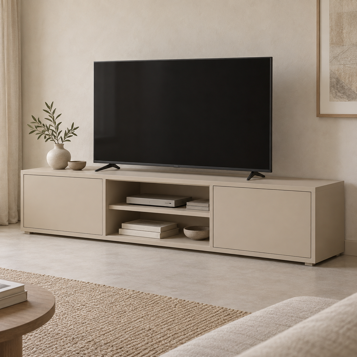 AI design concept: Sand Low Media Console, engineered-panel tv cabinet