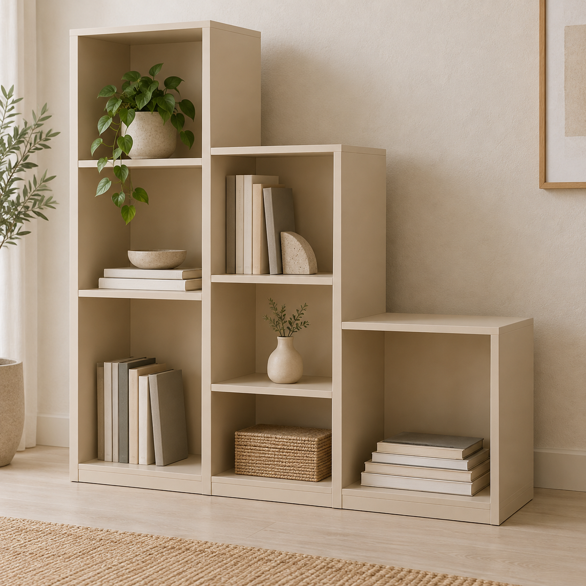 AI design concept: Sand Stair-Step Bookcase, engineered-panel bookcase