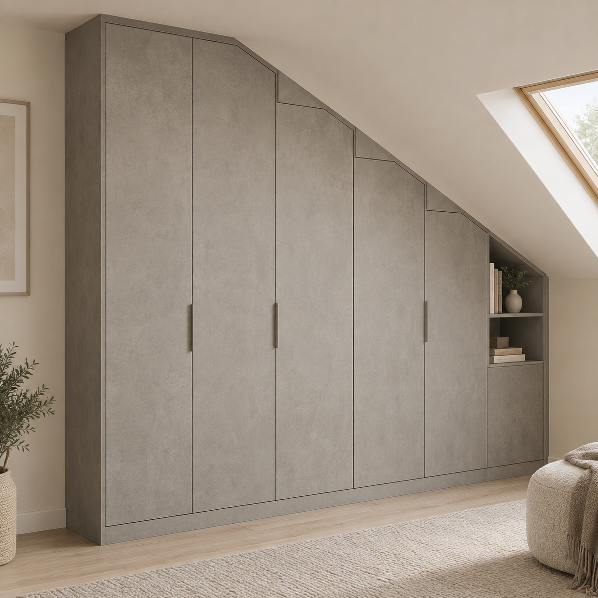 AI design concept: Stone Attic Wardrobe, engineered-panel wardrobe