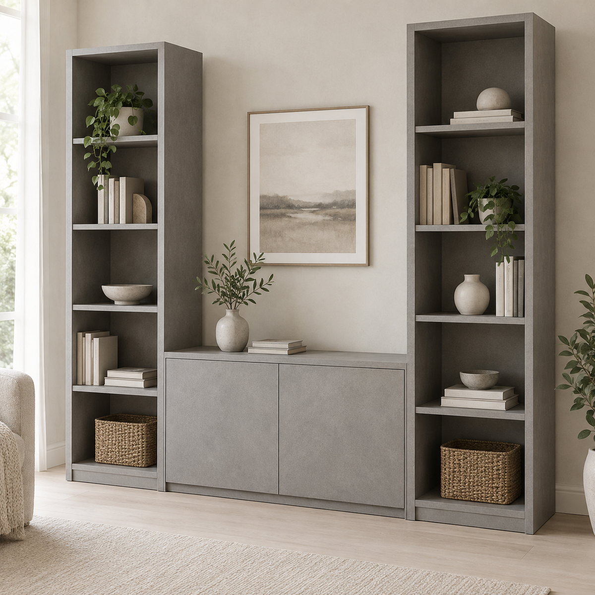 AI design concept: Stone Double-Tower Bookcase, engineered-panel bookcase