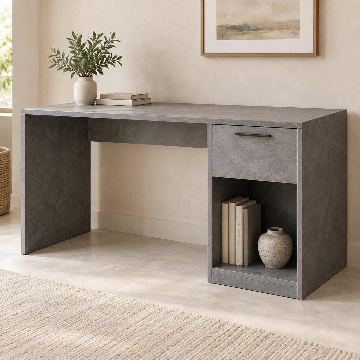 AI design concept: Stone Drawer-and-Cubby Desk, engineered-panel desk