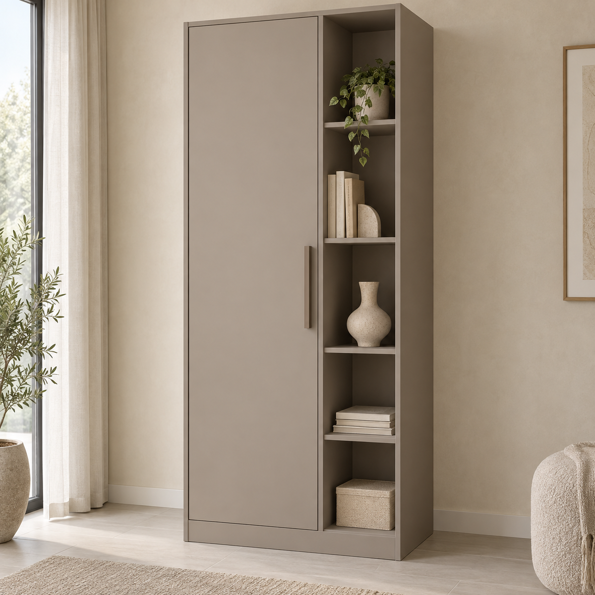 AI design concept: Taupe Alcove Wardrobe, engineered-panel wardrobe