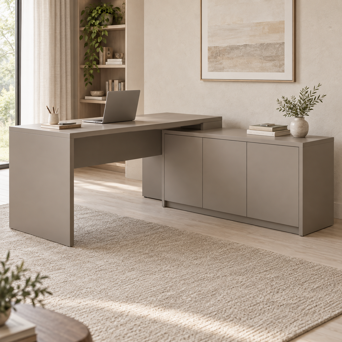 AI design concept: Taupe Printer-Return Desk, engineered-panel desk