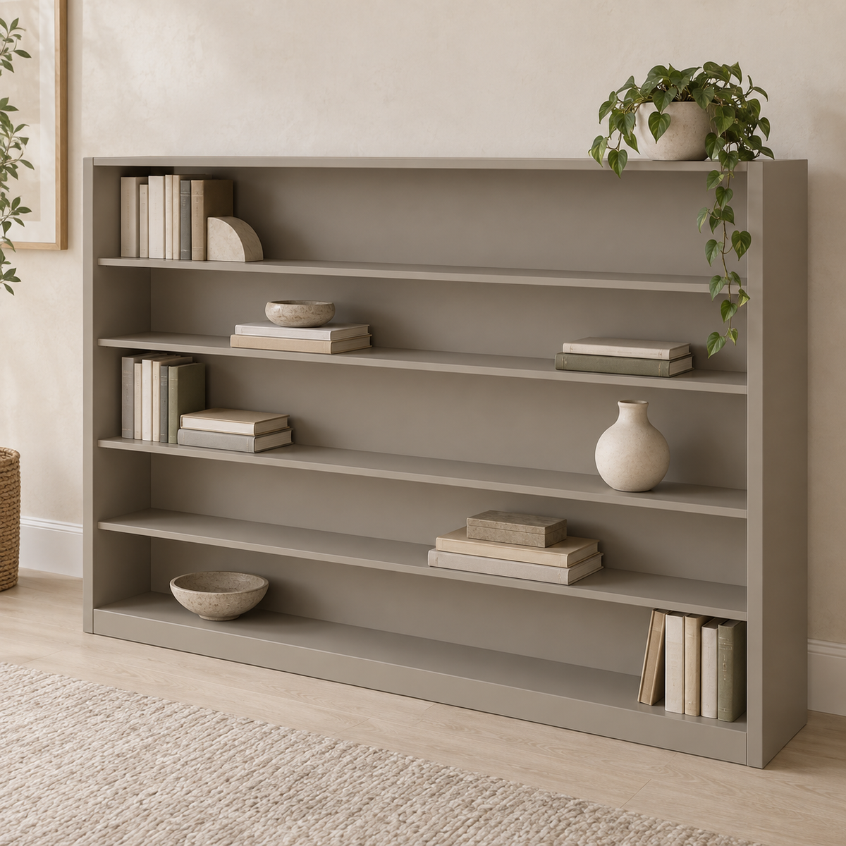 AI design concept: Taupe Shallow Display Library, engineered-panel bookcase