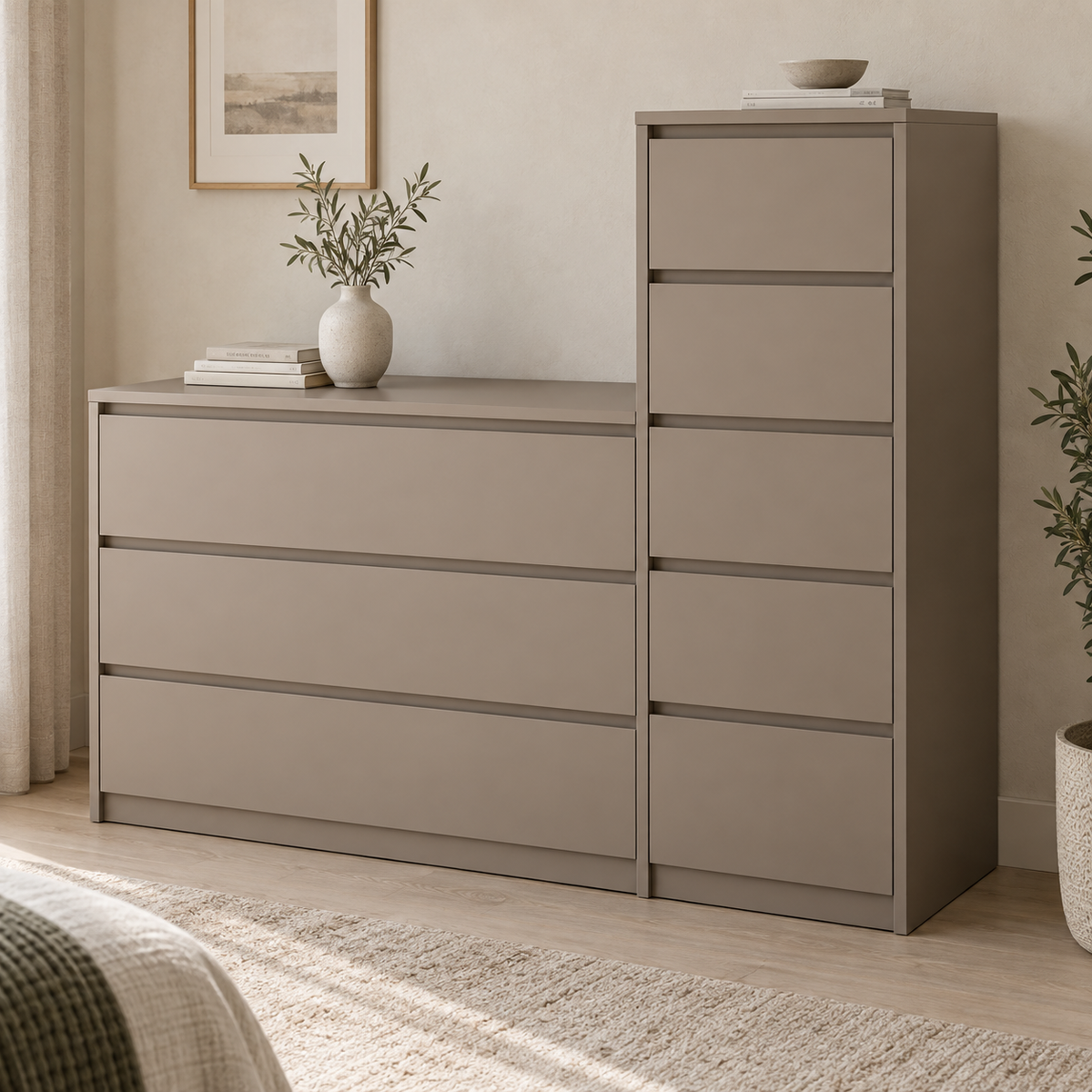 AI design concept: Taupe Split-Level Dresser, engineered-panel chest of drawers