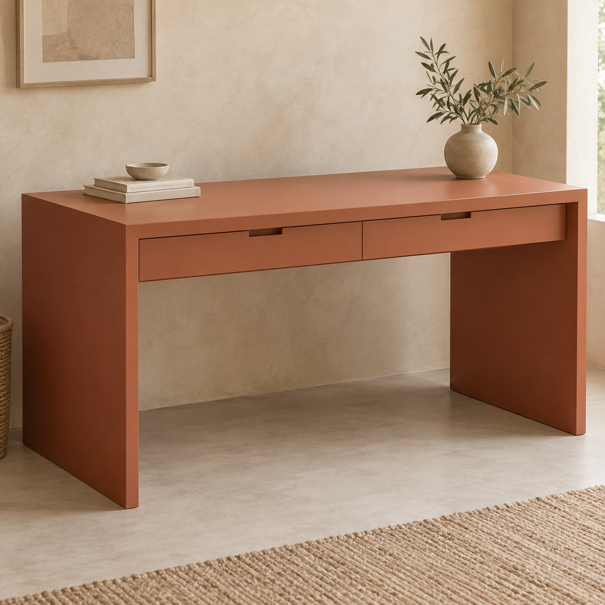 AI design concept: Terracotta Wide Writing Desk, engineered-panel desk