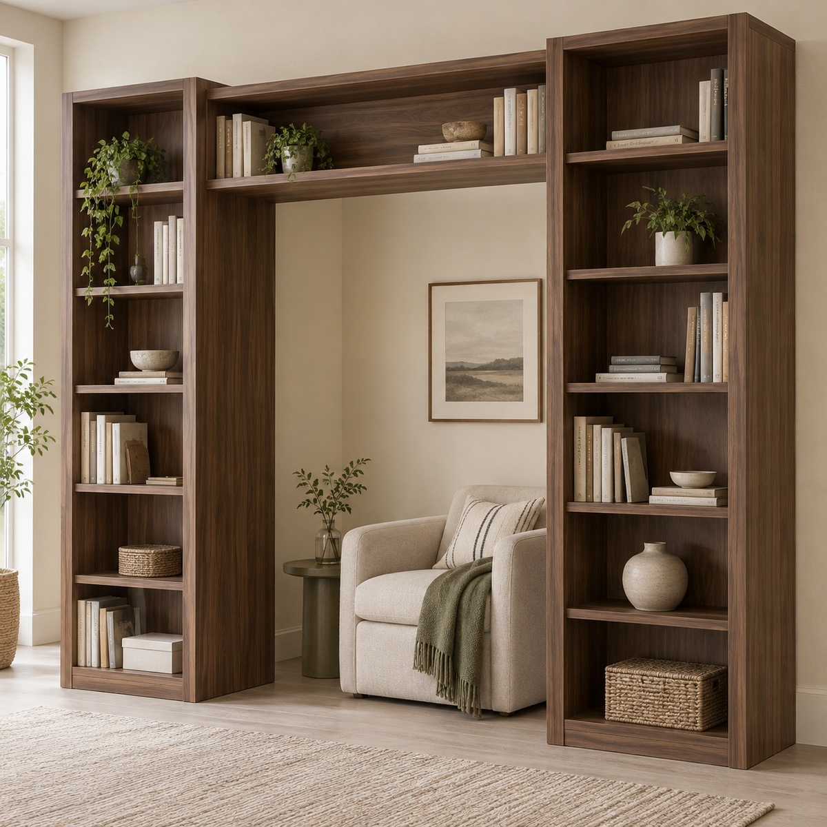 AI design concept: Walnut-Look Bridge Library, engineered-panel bookcase