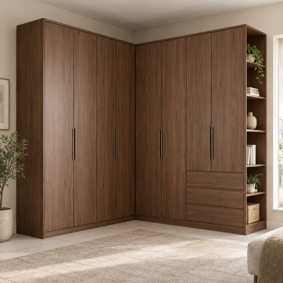 AI design concept: Walnut-Look Corner Wardrobe, engineered-panel wardrobe