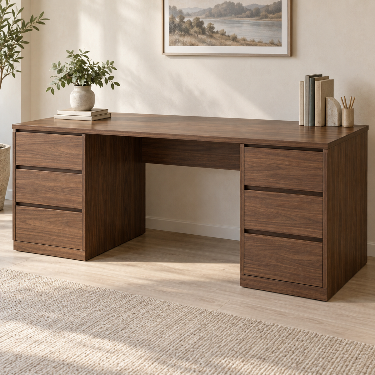 AI design concept: Walnut-Look Double-Pedestal Desk, engineered-panel desk