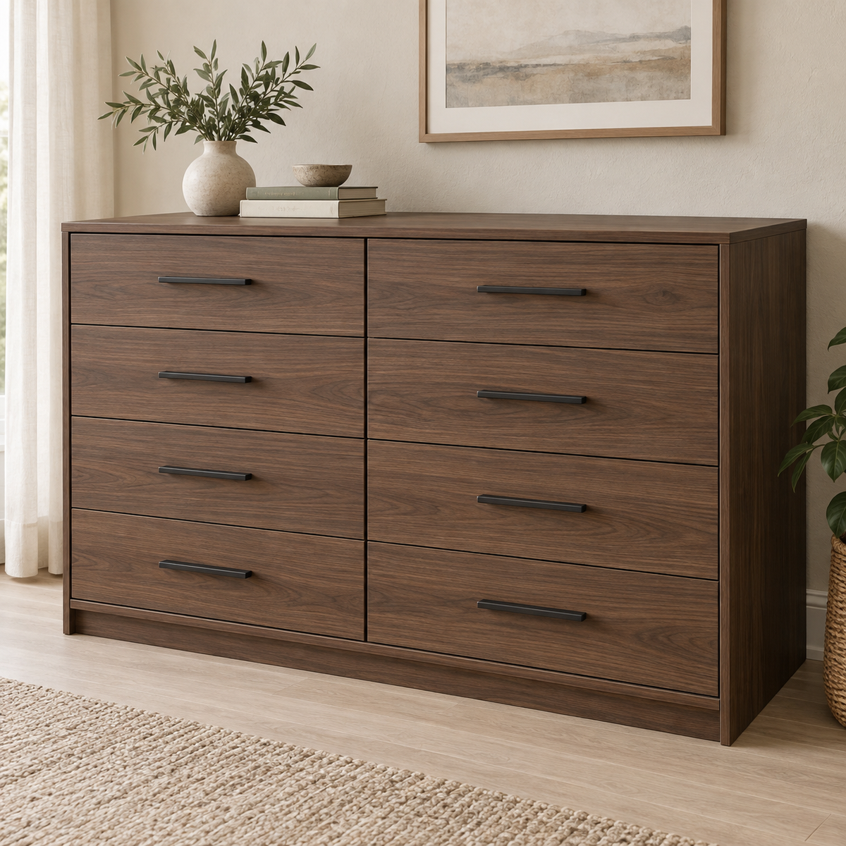 AI design concept: Walnut-Look Eight-Drawer Dresser, engineered-panel chest of drawers
