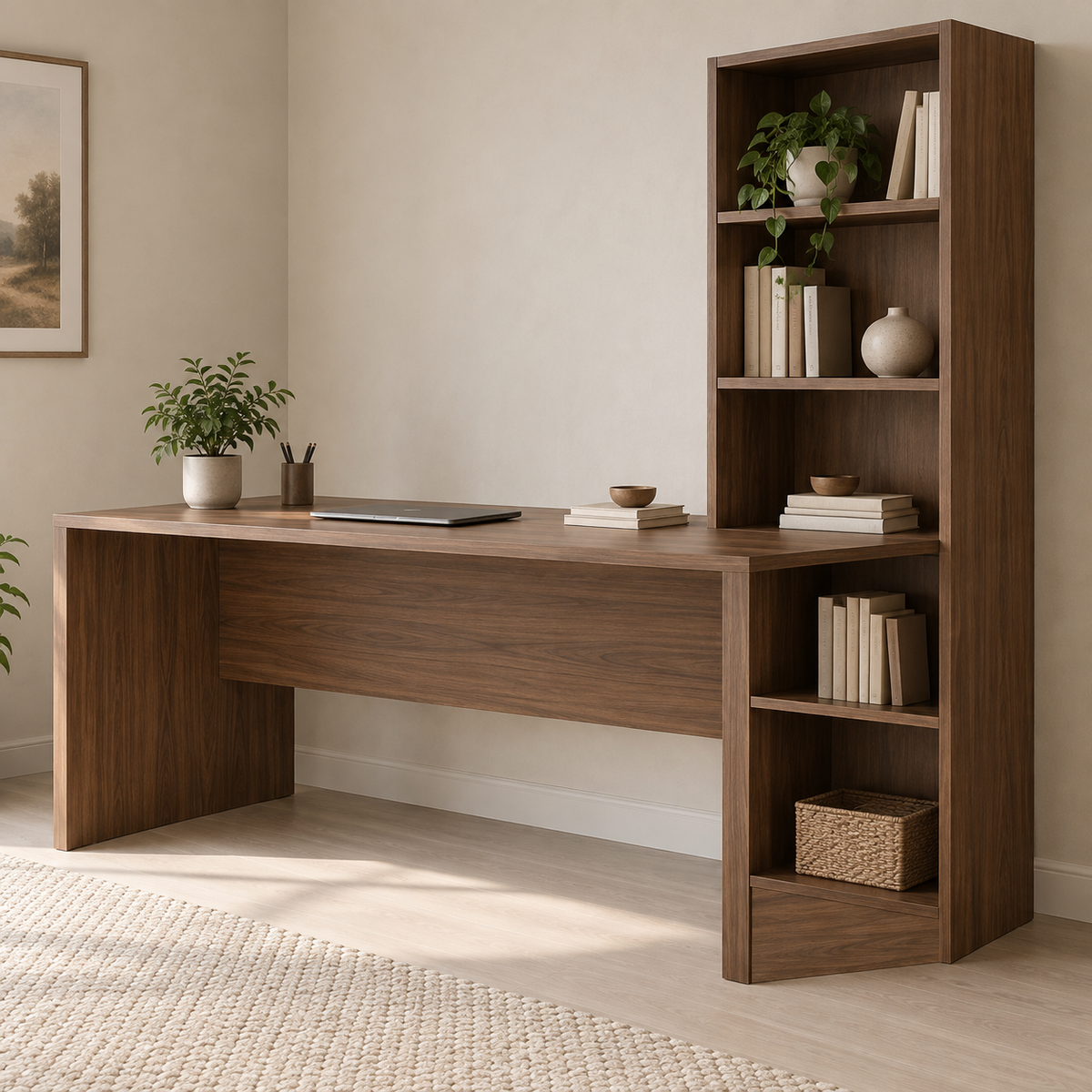 AI design concept: Walnut-Look Library Desk, engineered-panel desk