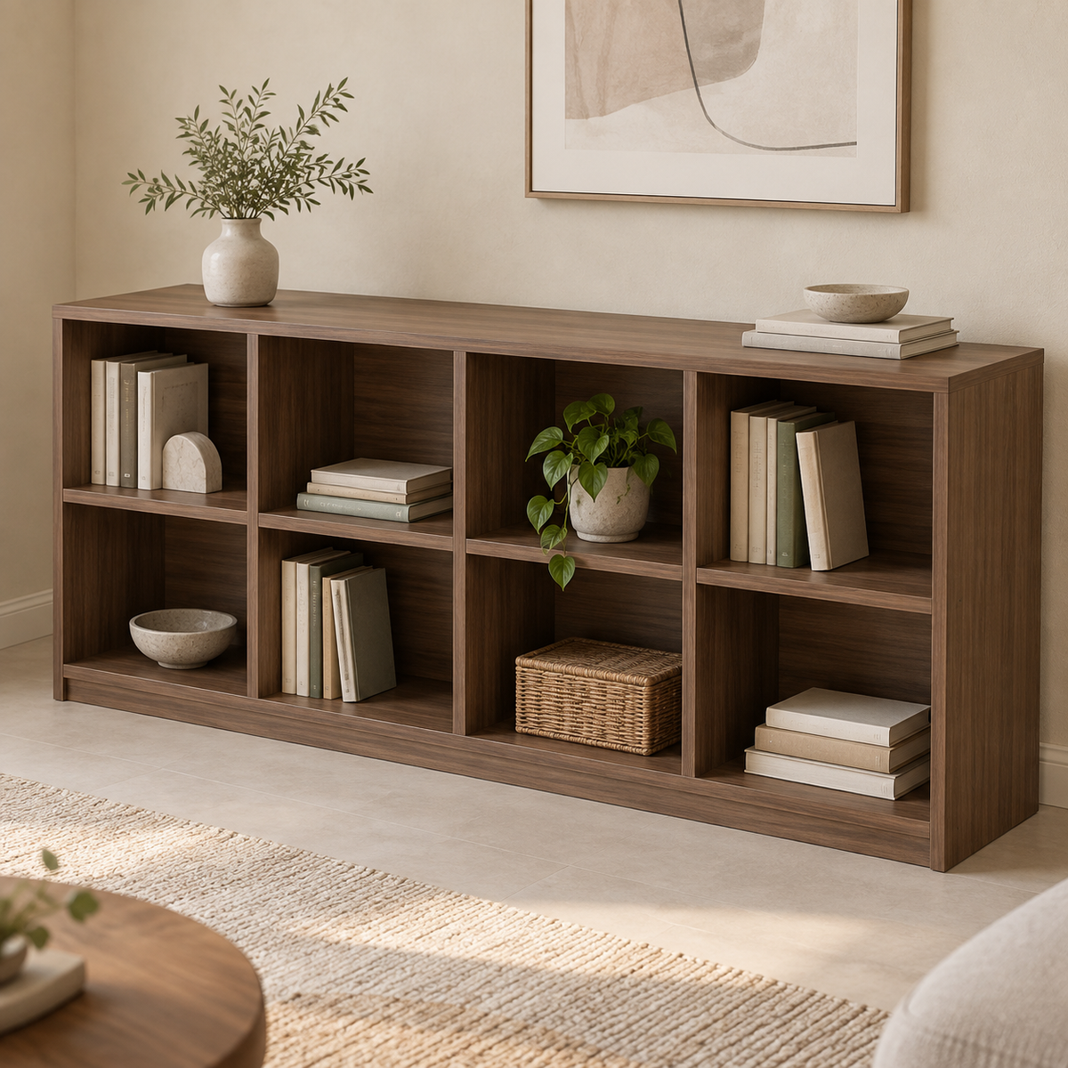 AI design concept: Walnut-Look Low Library, engineered-panel bookcase