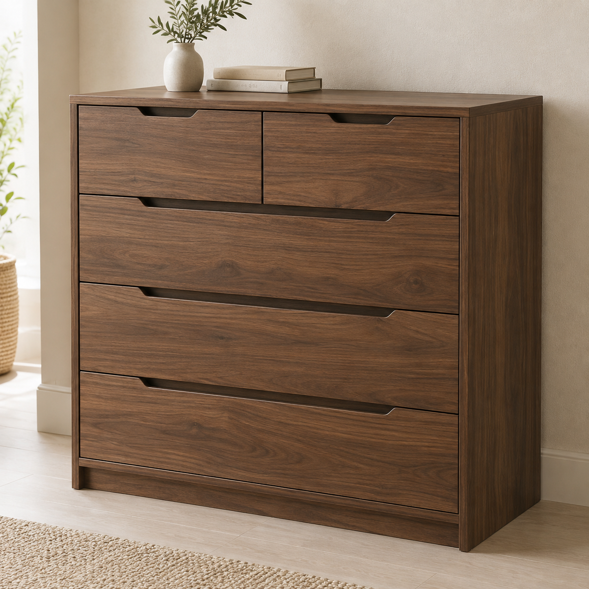 AI design concept: Walnut-Look Mixed-Drawer Chest, engineered-panel chest of drawers