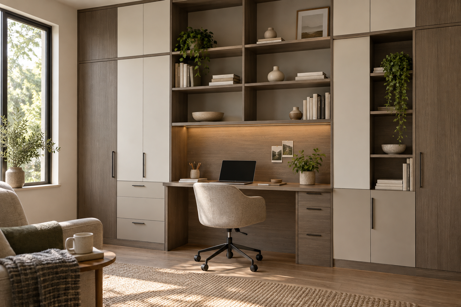 Concept of a made-to-order home office with wood-look panel shelving and a desk alcove