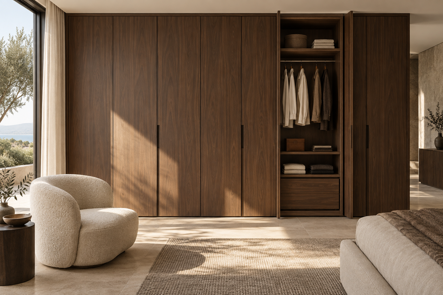 Concept of a walnut-look panel wardrobe with open shelving in a sunlit room